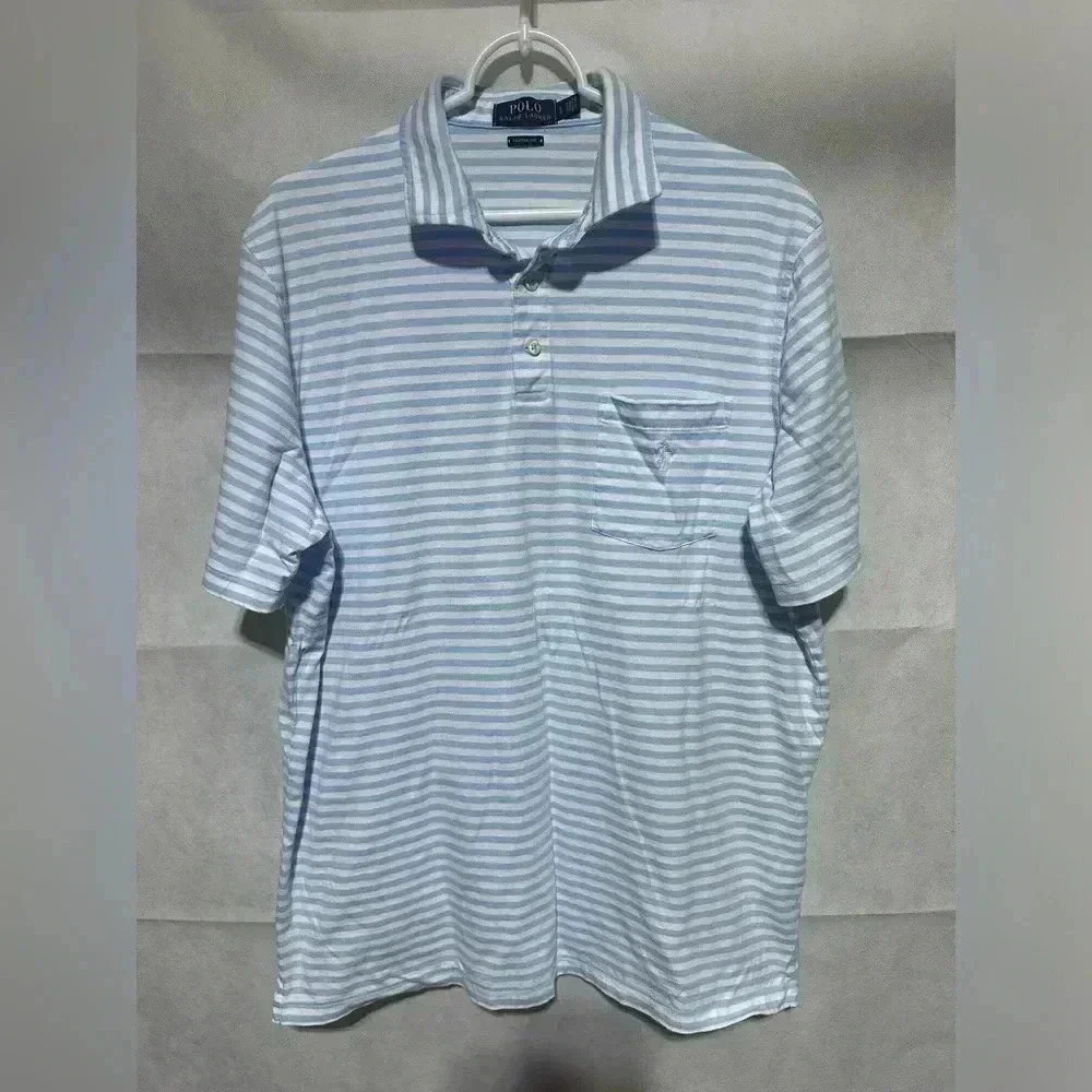 Polo Ralph Lauren Men's Large Blue White Striped Cotton Shirt 8602 Logo Preppy
